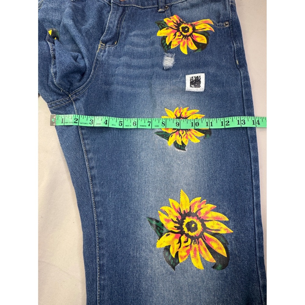 Misslook Sunflower Print Distressed Straight Leg Denim Jeans Blue 2XL boho art - Picture 3 of 14